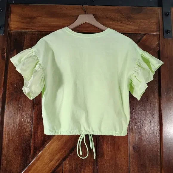Maeve Anthropologie Womens Boho Flutter Sleeve Crop Top Size S Green Drawstring - Picture 5 of 9